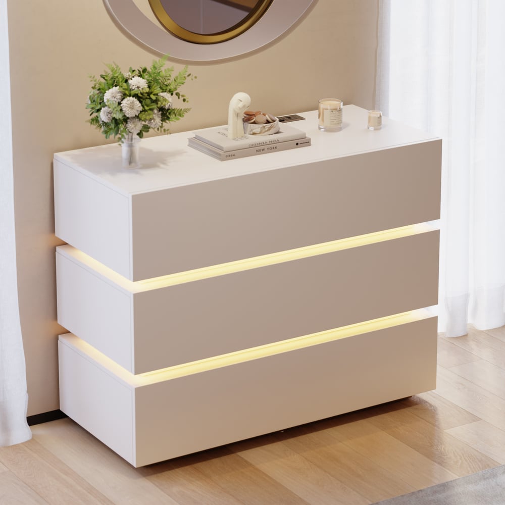 Hodnocení zákazníků pro položku Komoda Lumio 100 cm s LED světlem, 3 zásuvkami a bílou nabíjecí stanicí