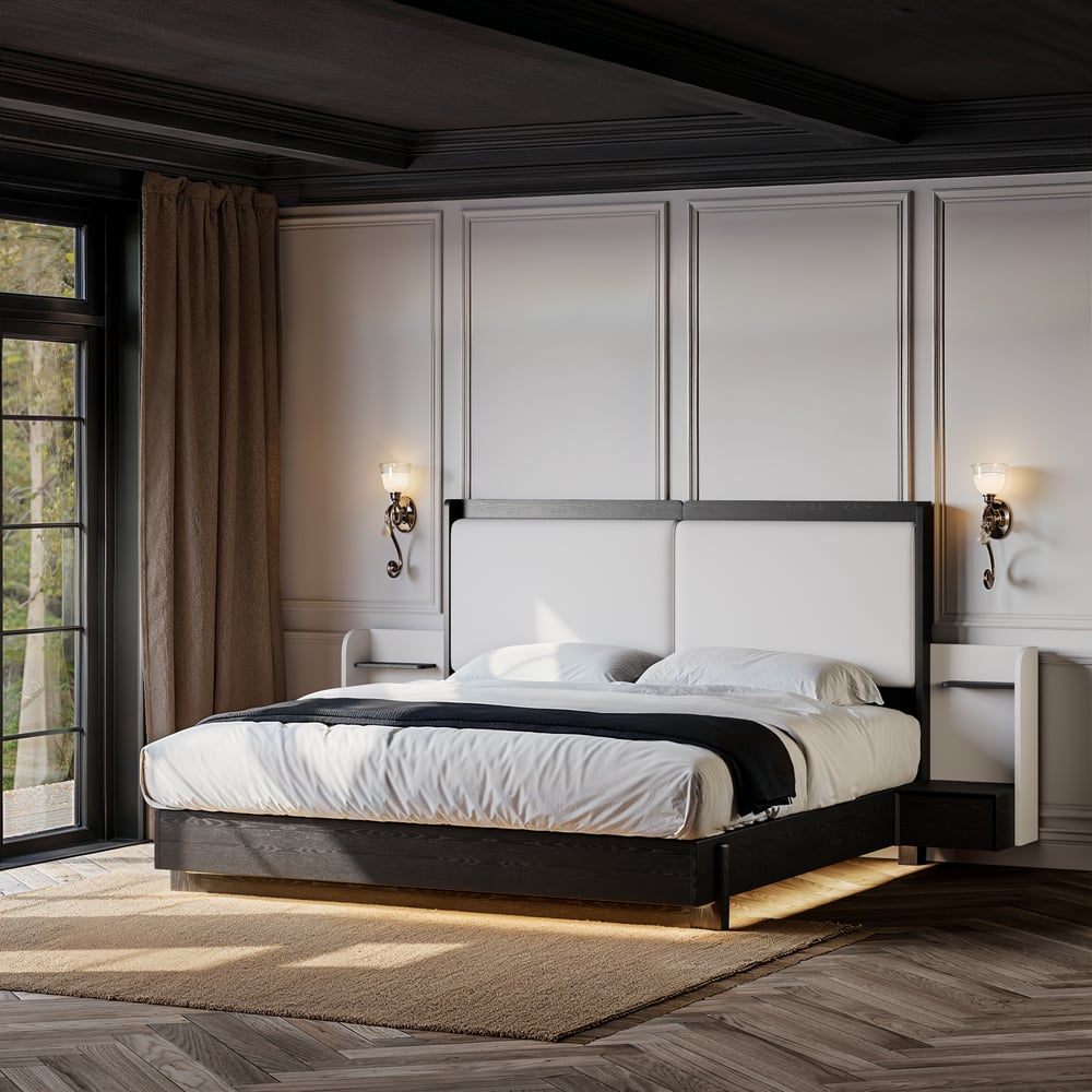 Avis Clients sur Lit King Size en bois massif avec tête de lit prolongée en cuir et ensemble de tables de chevet intelligentes flottantes