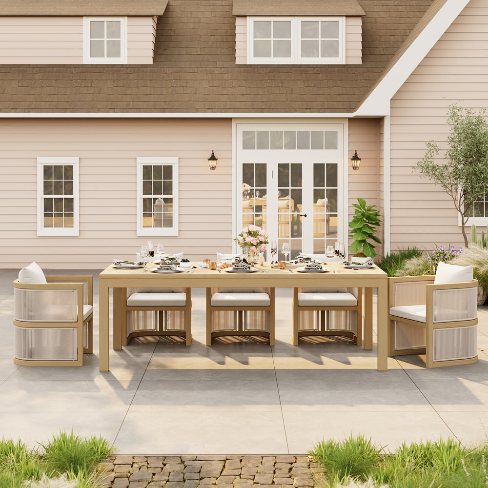 Reseñas de Clientes para Juego de comedor de exterior Wevara de 9 piezas con tejido de cuerda y 8 sillas en color natural