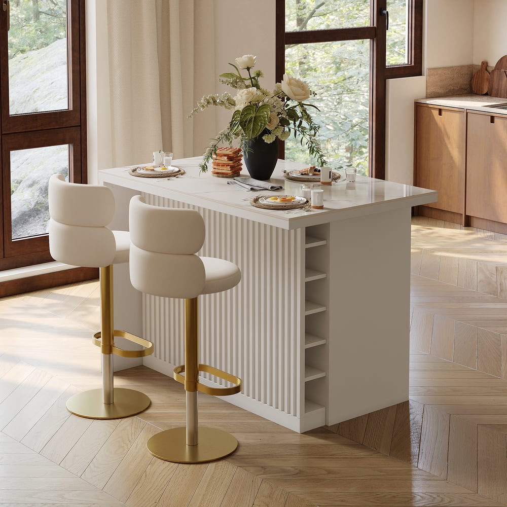Questions et Réponses pour Îlot de cuisine moderne de 1270 mm en pierre frittée brillante avec rangement, blanc