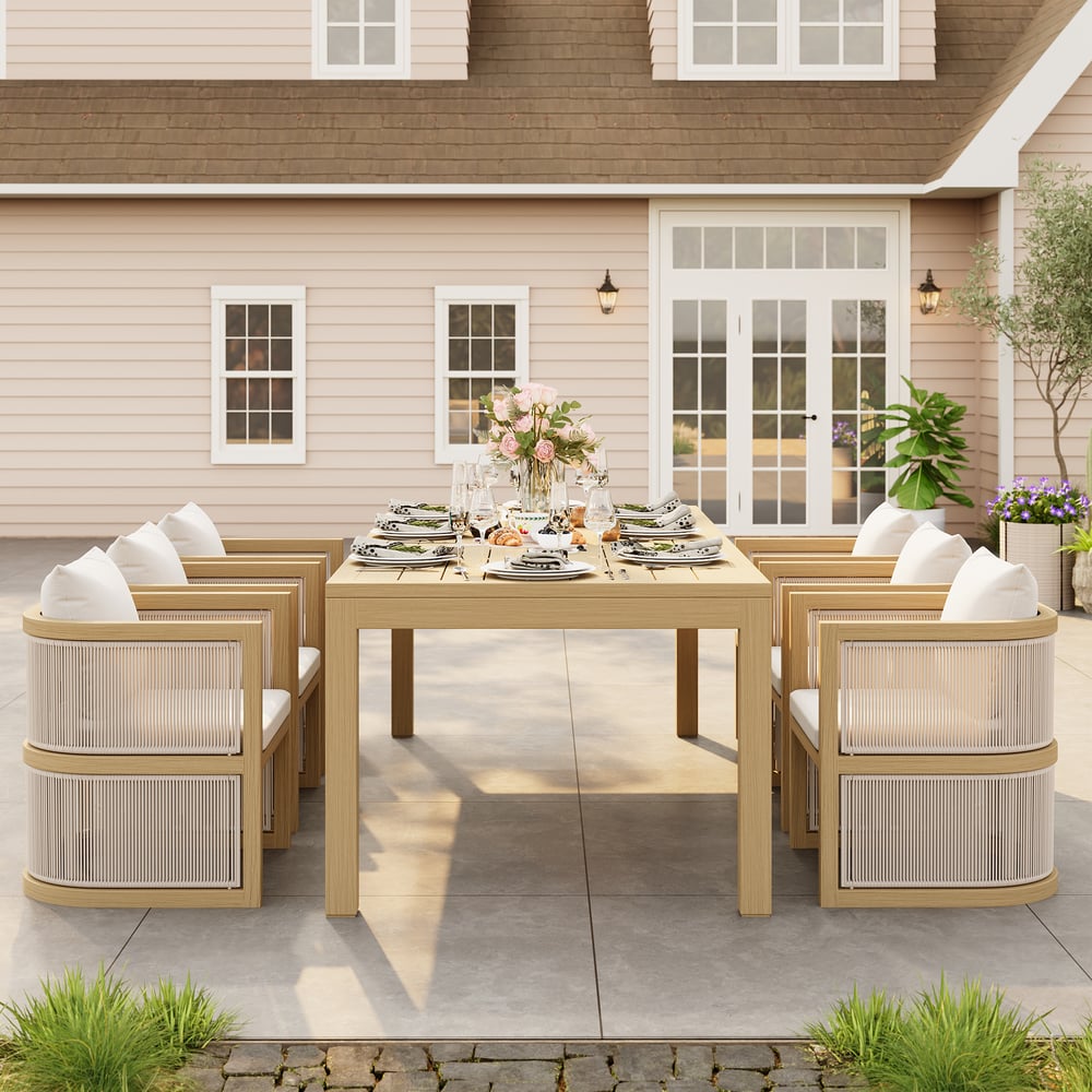 Reseñas de Clientes para Juego de comedor de exterior Wevara de 9 piezas con tejido de cuerda y 8 sillas en color natural