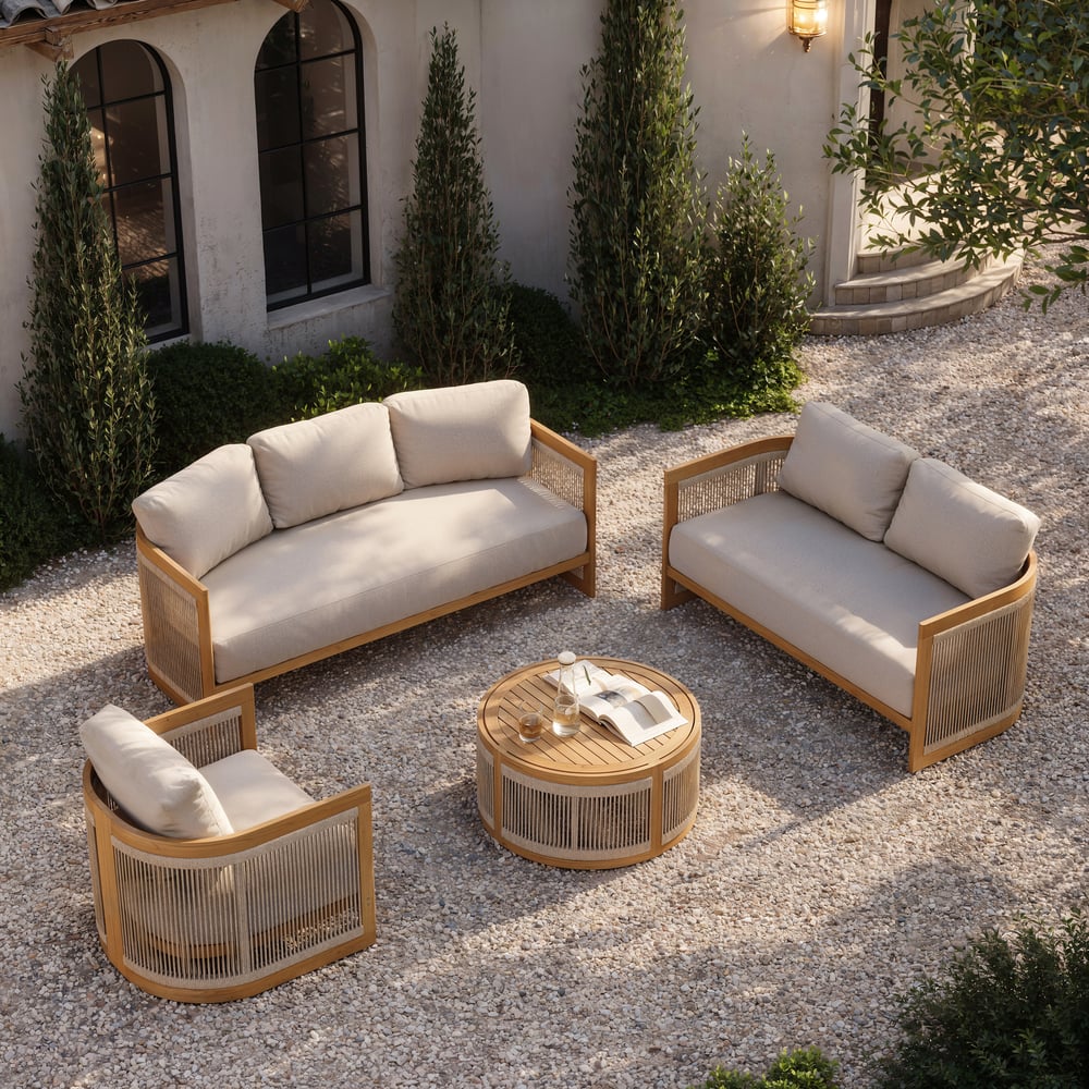 Domande e risposte per Set divano da esterno 4 pezzi in teak e corda intrecciata con tavolino da caffè per 6 persone