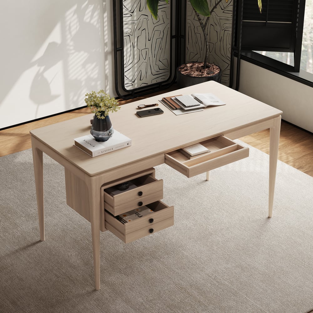 Vragen en antwoorden voor Mid-century stijl witgekalkt essenhouten bureau met 3 laden (140 cm)