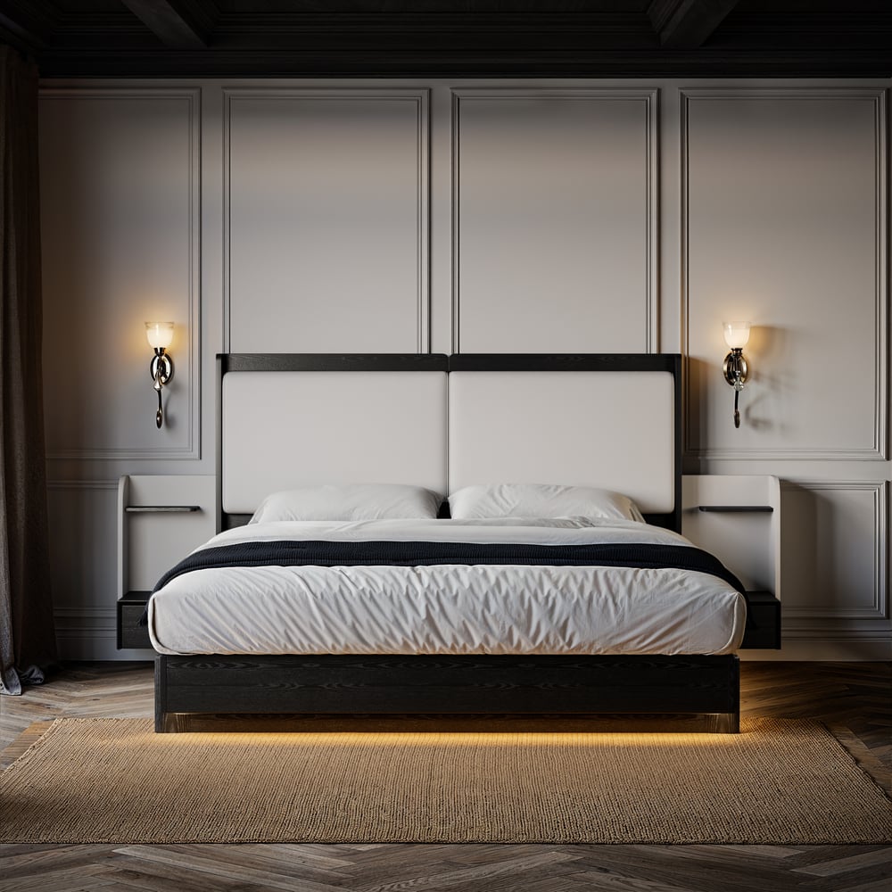 Avis Clients sur Lit King Size en bois massif avec tête de lit prolongée en cuir et ensemble de tables de chevet intelligentes flottantes
