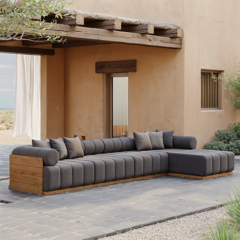 Avis Clients sur Ensemble modulaire sectionnel d'extérieur Resaro 4 pièces en teck pour 5 personnes en gris