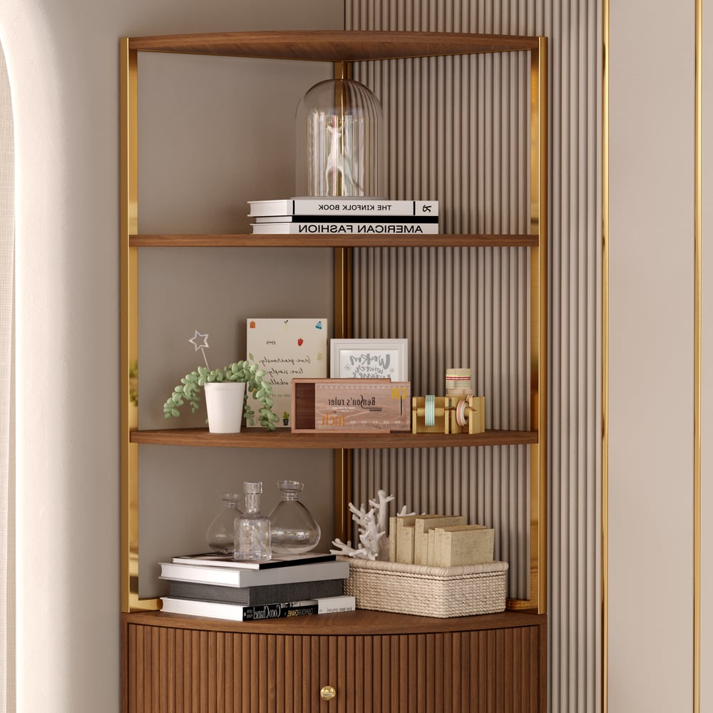 Questions and Answers for Modern 75" Walnut Etagere Corner Bookshelf with Drawer and 2-Door Cabinet