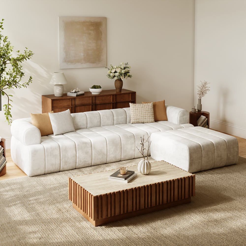 Questions et Réponses pour Canapé d'angle en velours capitonné Nimbus 118" 4 pièces avec pouf