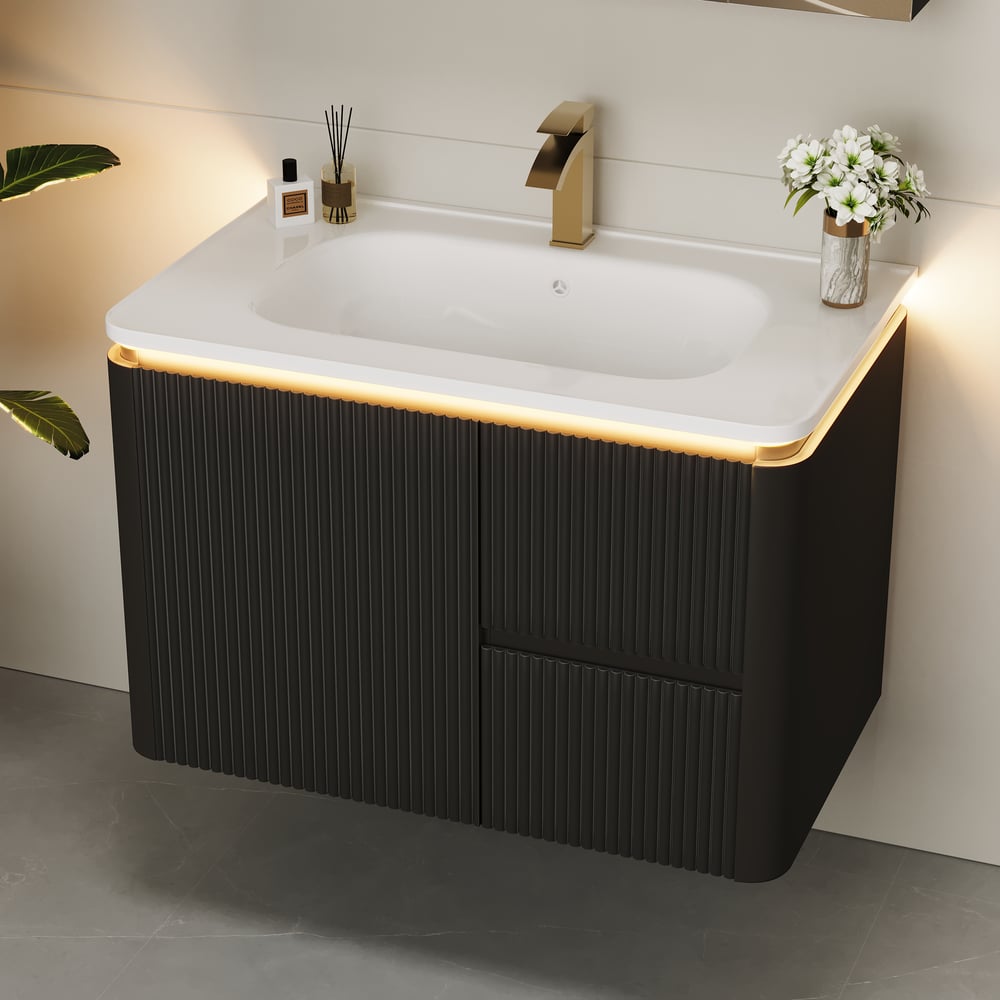 Fragen und Antworten zu Moderner 80 cm schwebender Badezimmerschrank mit Waschbecken, sanftem LED-Licht, viel Stauraum