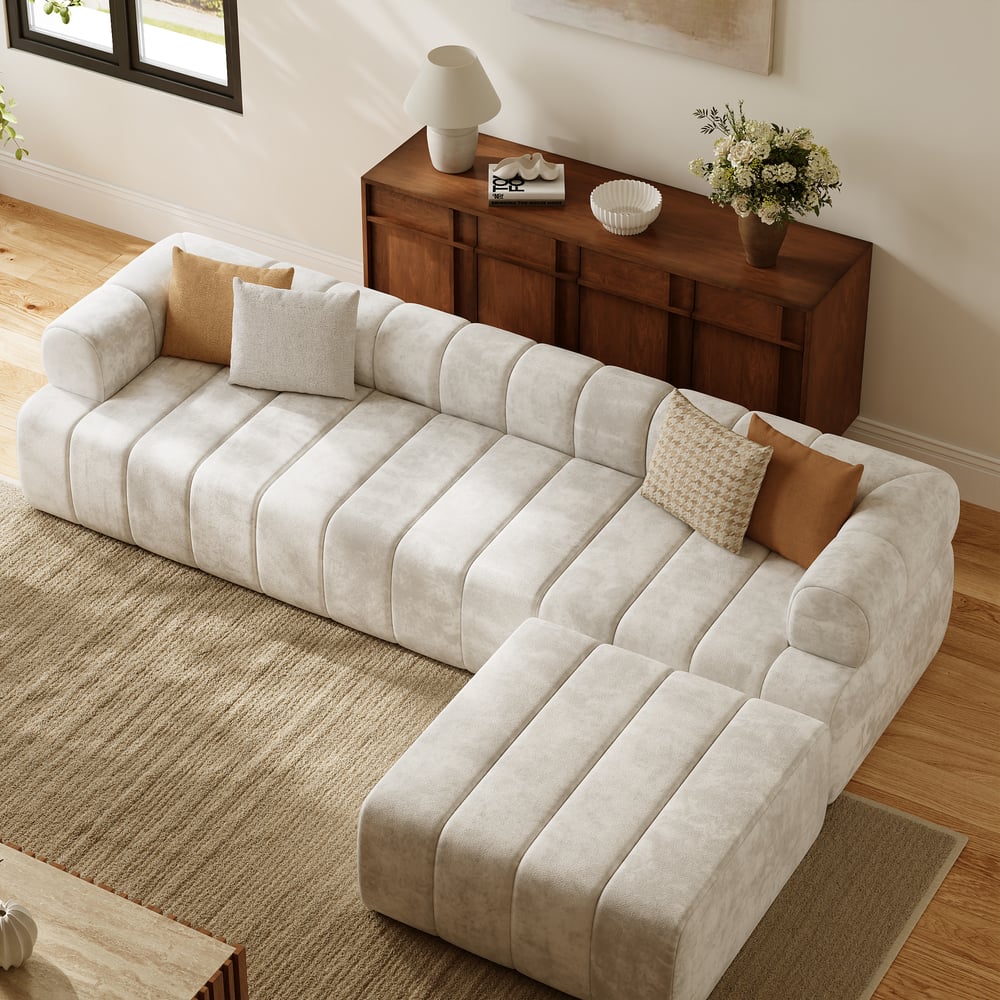 Questions et Réponses pour Canapé d'angle en velours capitonné Nimbus 118" 4 pièces avec pouf