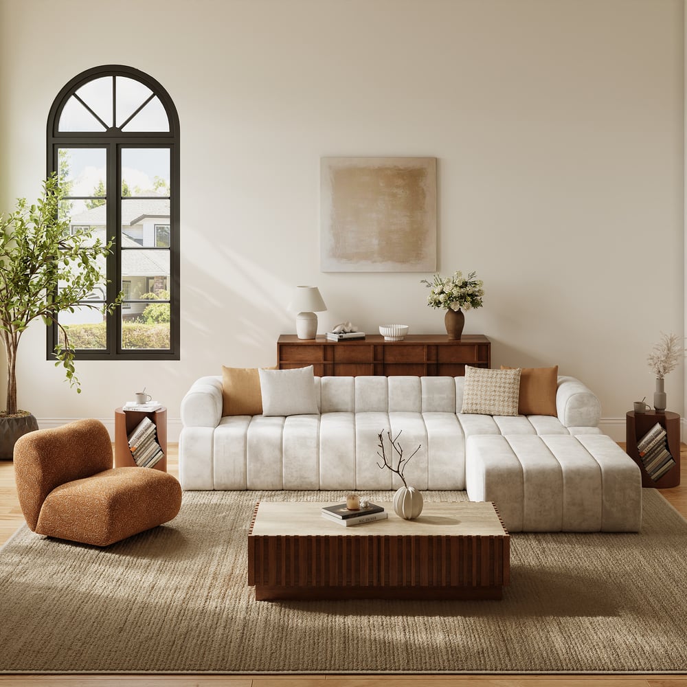 Questions et Réponses pour Canapé d'angle en velours capitonné Nimbus 118" 4 pièces avec pouf