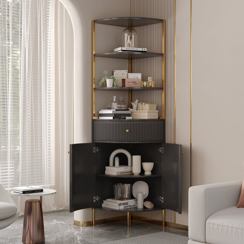 Questions and Answers for Modern 75" Black Corner Etagere Bookshelf with Drawer and 2-Door Cabinet