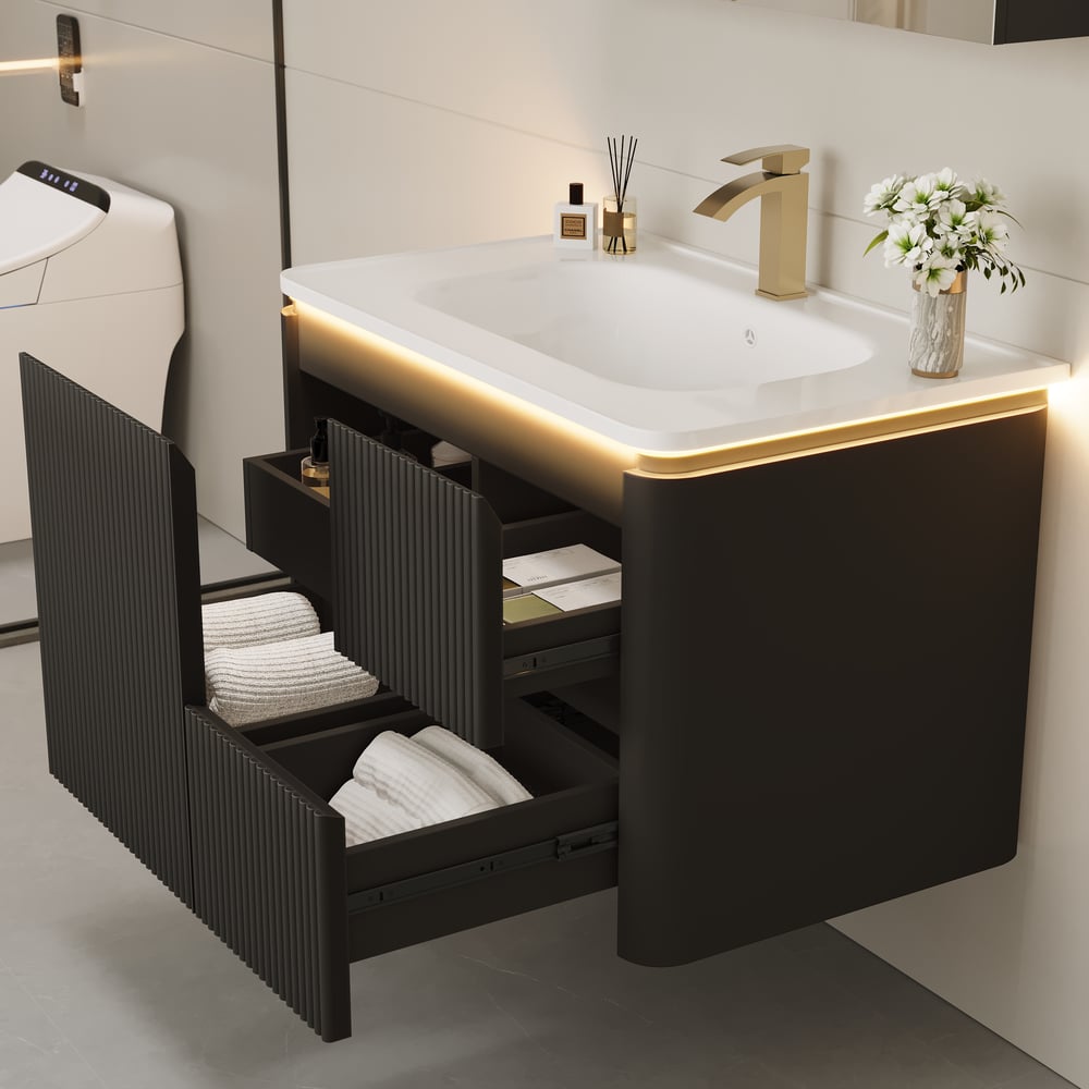 Fragen und Antworten zu Moderner 80 cm schwebender Badezimmerschrank mit Waschbecken, sanftem LED-Licht, viel Stauraum