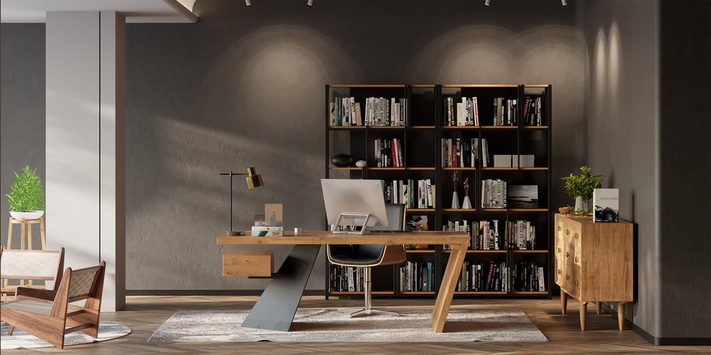 Moderní, vintage a abstraktní stůl s plovoucí zásuvkou pro kancelář obrázek okna