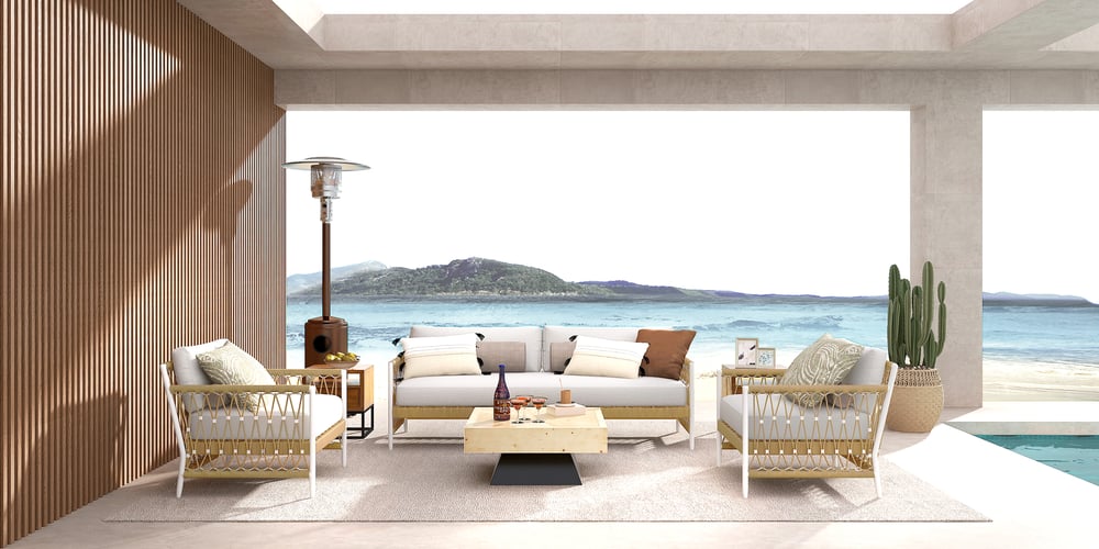 Poltrona giratória de jardim de madeira e alumínio com almofada - bege Imagem da janela