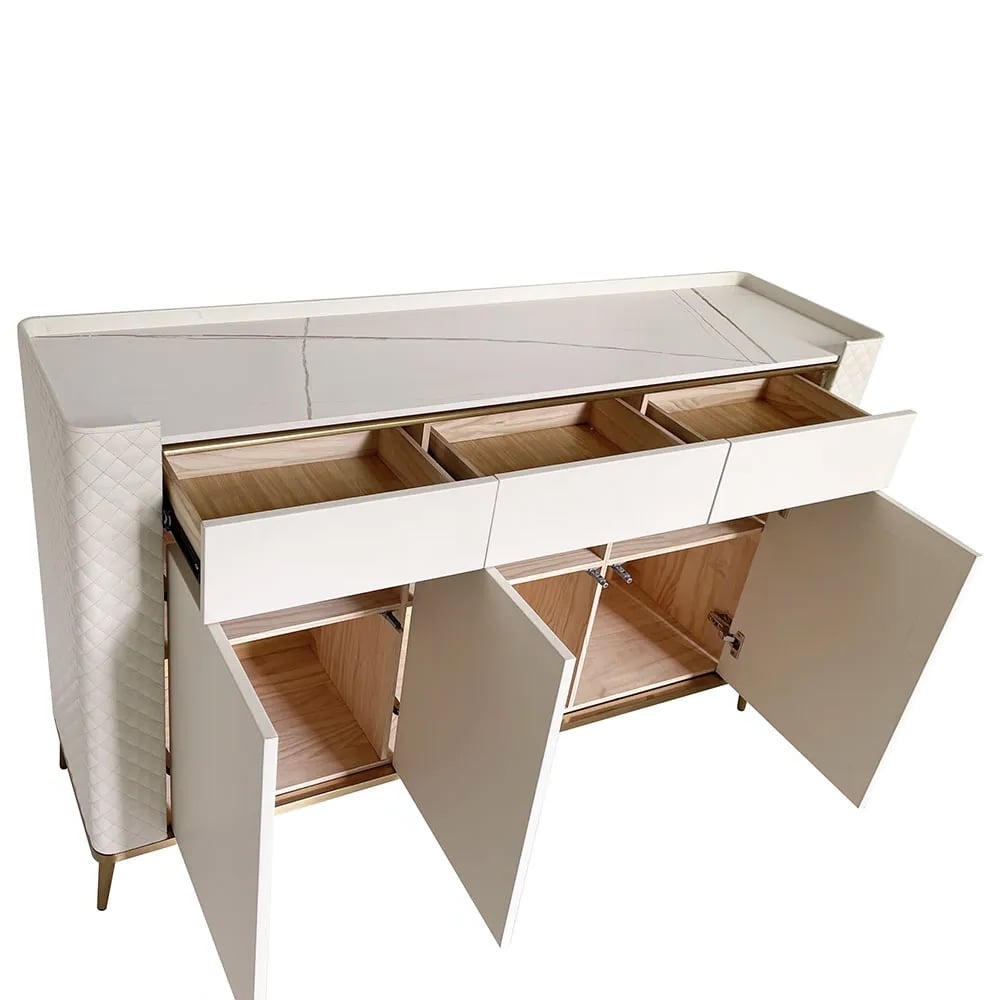Off White 3 Drawers Kitchen Sideboard Cabinet Buffet with Sintered Stone Top window image
