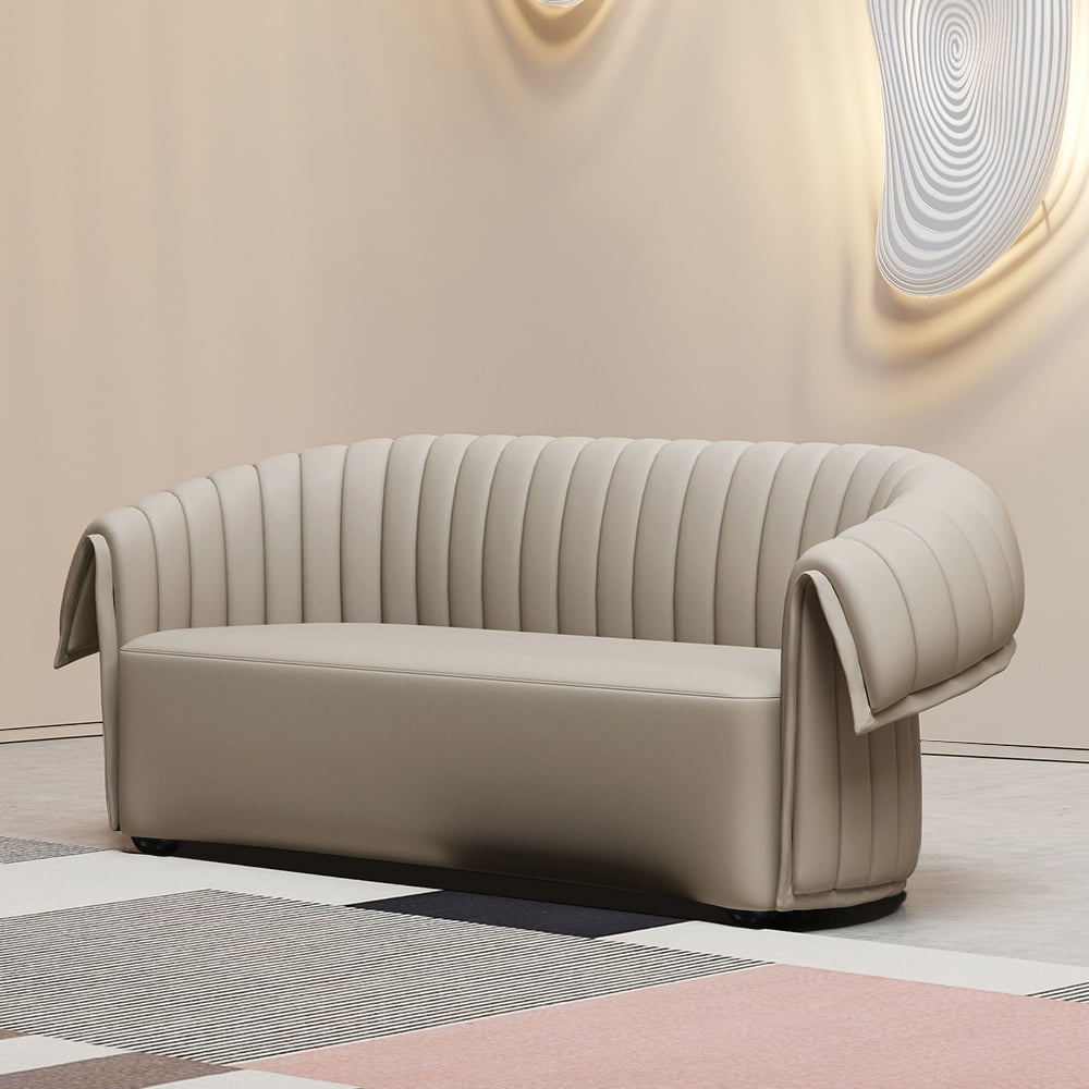 74" Off-White Curved Loveseat Microfiber Leather with Full Back & Slope Arms Sofa