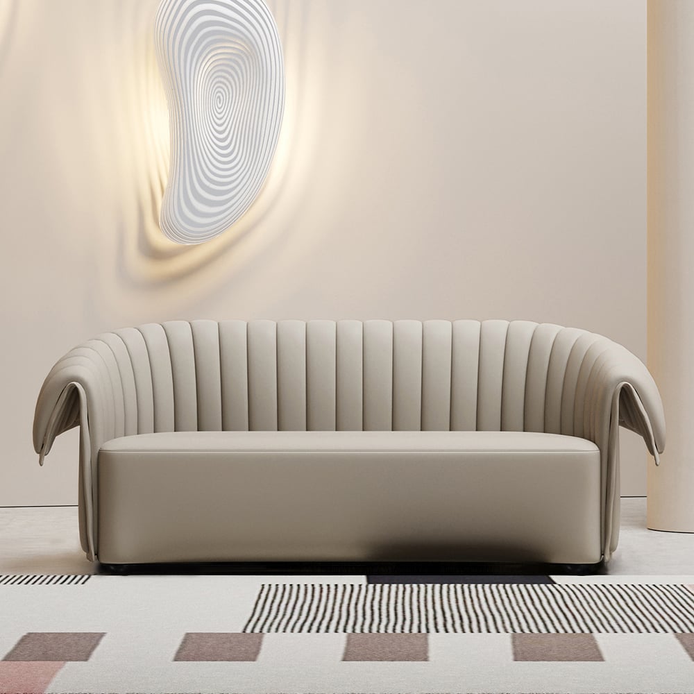74" Off-White Curved Loveseat Microfiber Leather with Full Back & Slope Arms Sofa