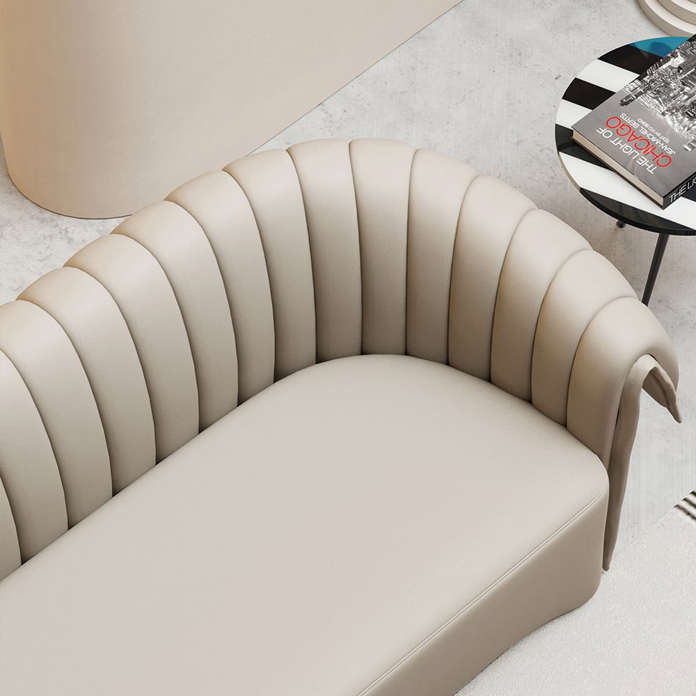 98" Off-white Curved Sofa Microfiber Leather Upholstery with Full Back for 5 Seaters