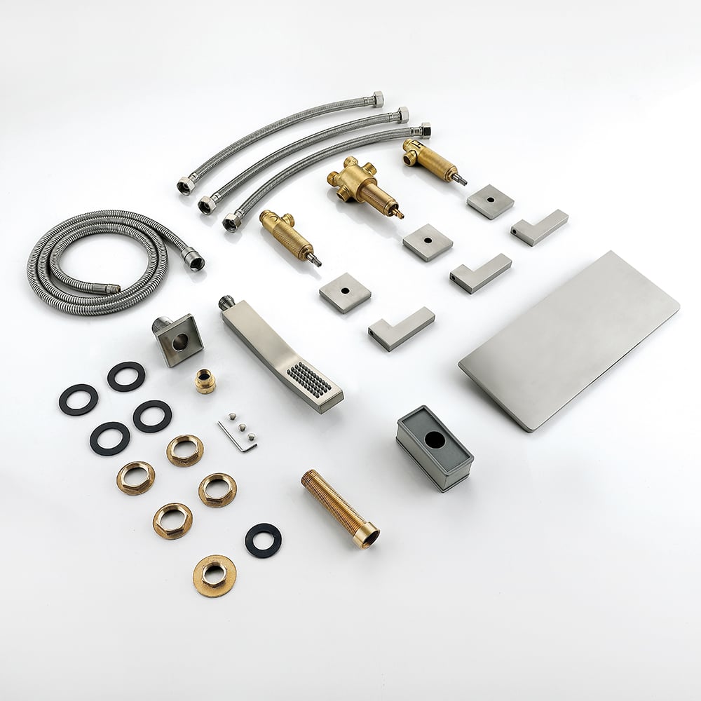 Modern Waterfall Tub Filler Deck-Mount Bathtub Tap with Handshower in Brushed Nickel window image