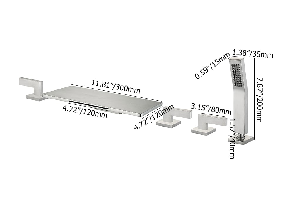 Modern Waterfall Tub Filler Deck-Mount Bathtub Tap with Handshower in Brushed Nickel weights dimensions image