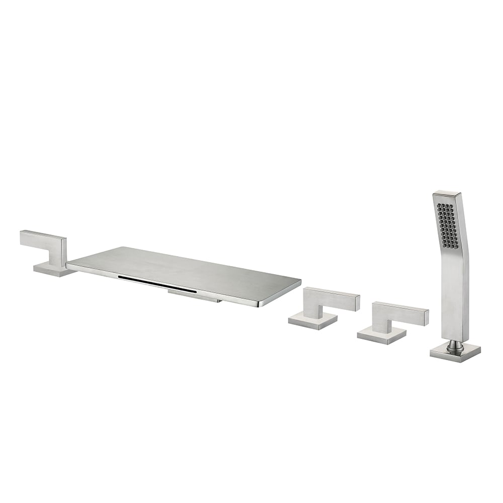 Modern Waterfall Tub Filler Deck-Mount Bathtub Tap with Handshower in Brushed Nickel window image