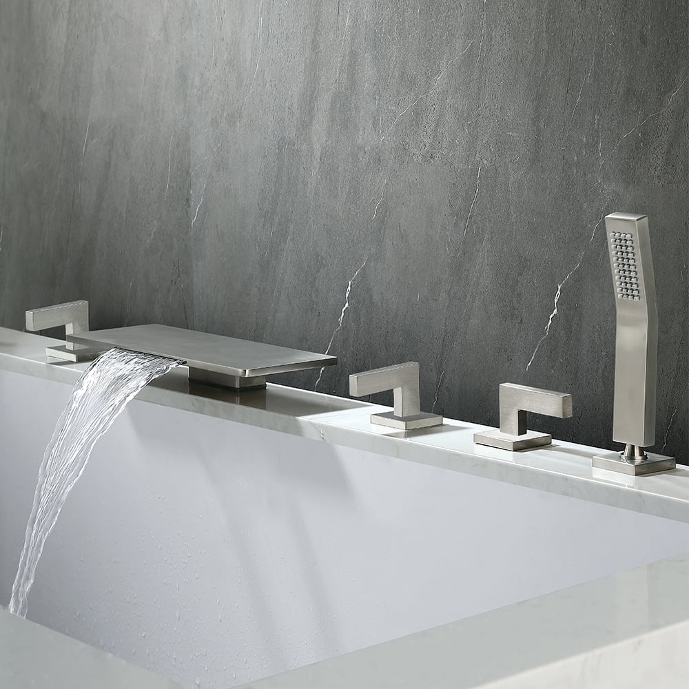 Modern Waterfall Tub Filler Deck-Mount Bathtub Tap with Handshower in Brushed Nickel window image