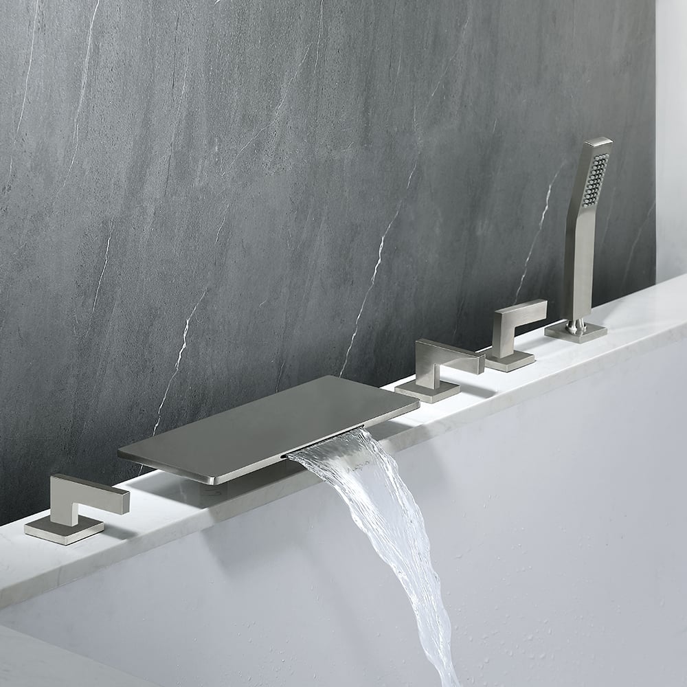 Modern Waterfall Tub Filler Deck-Mount Bathtub Tap with Handshower in Brushed Nickel window image