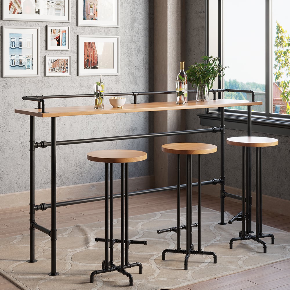 2000mm Industrial Rectangular Natural Wood Bar Height Table with Footrest window image