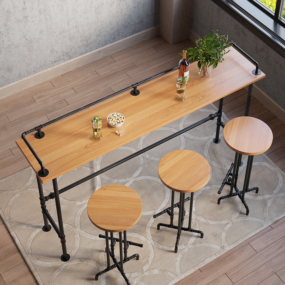 2000mm Industrial Rectangular Natural Wood Bar Height Table with Footrest window image