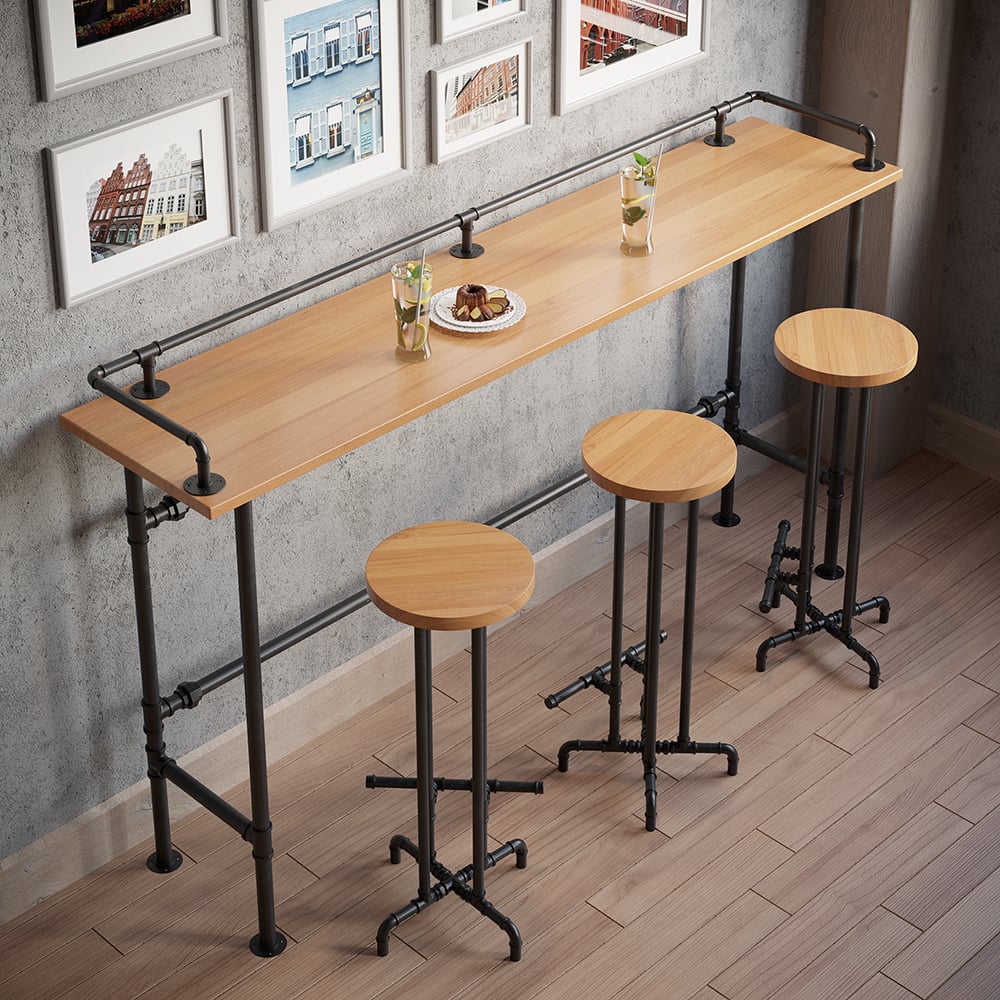 2000mm Industrial Rectangular Natural Wood Bar Height Table with Footrest window image