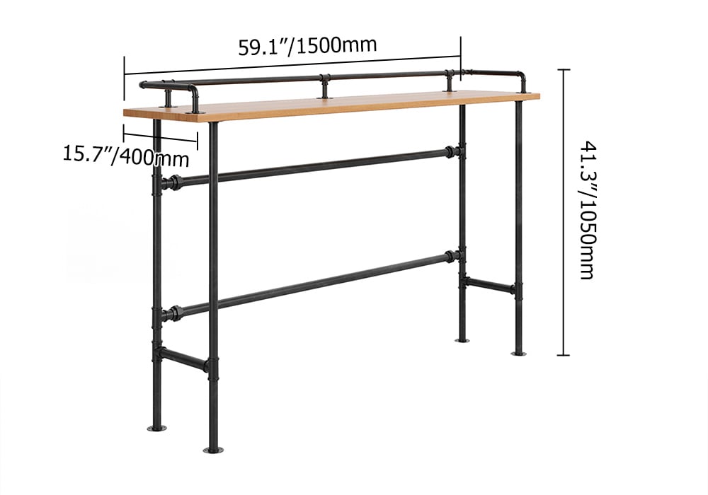 59.1" Industrial Rectangular Natural Wood Bar Height Table with Footrest weights dimensions image