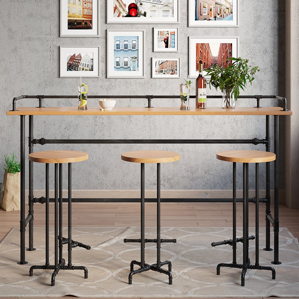 2000mm Industrial Rectangular Natural Wood Bar Height Table with Footrest window image