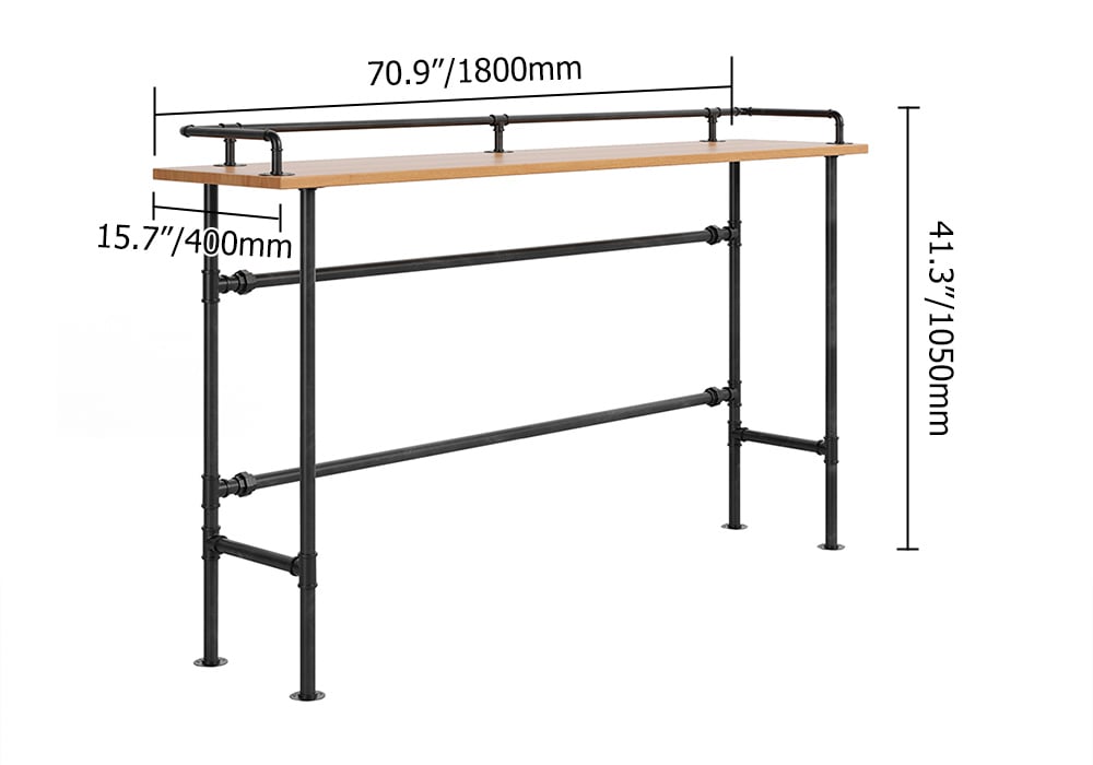 70.9" Industrial Rectangular Natural Wood Bar Height Table with Footrest weights dimensions image