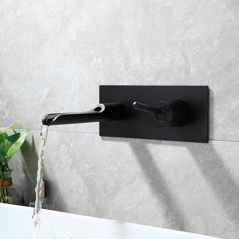 Black Modern Single Lever Handle Wall-Mounted Bathroom Sink Faucet Solid Brass window image