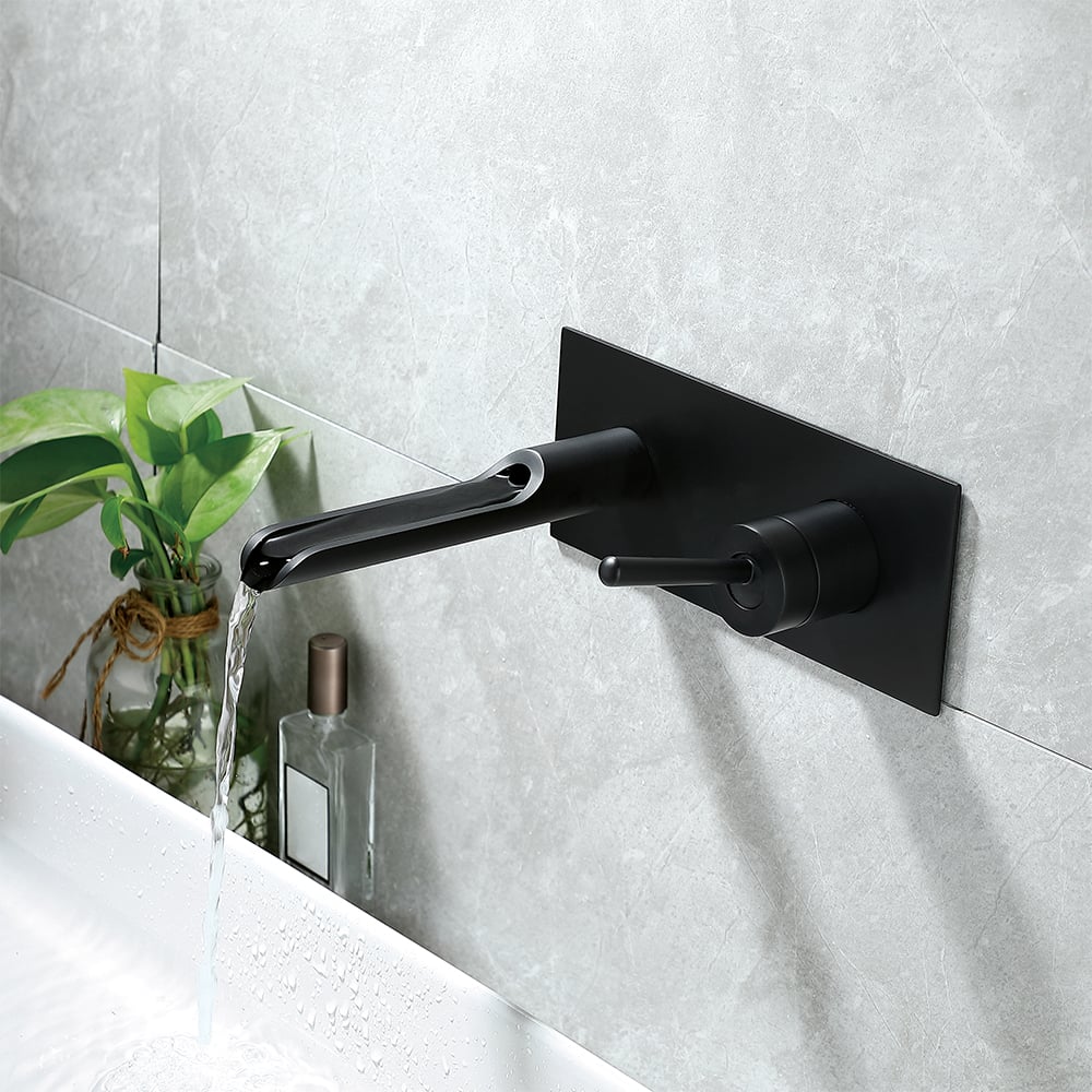 Black Modern Single Lever Handle Wall-Mounted Bathroom Sink Faucet Solid Brass window image
