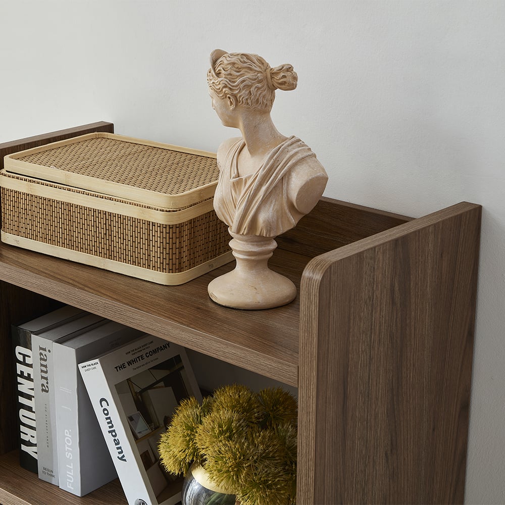 Bureau de bureau réversible en forme de L en noyer moderne 1350 mm avec étagères et 1 tiroir image de fenêtre