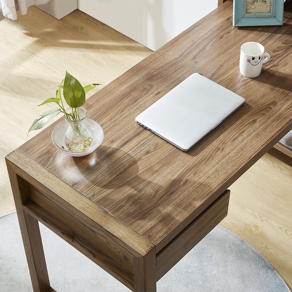 Bureau de bureau réversible en forme de L en noyer moderne 1350 mm avec étagères et 1 tiroir image de fenêtre