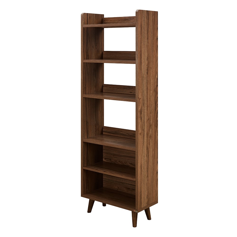 Bureau de bureau réversible en forme de L en noyer moderne 1350 mm avec étagères et 1 tiroir image de fenêtre