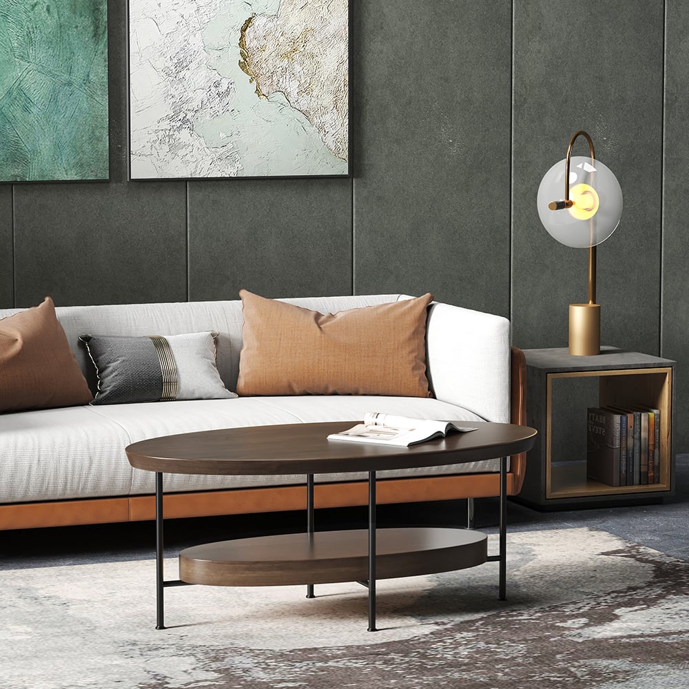 Table basse ovale moderne en noyer 1000 mm avec étagère de rangement en bois et métal image de fenêtre