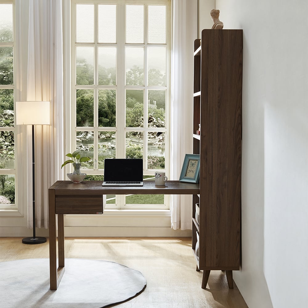 Bureau de bureau réversible en forme de L en noyer moderne 1350 mm avec étagères et 1 tiroir image de fenêtre