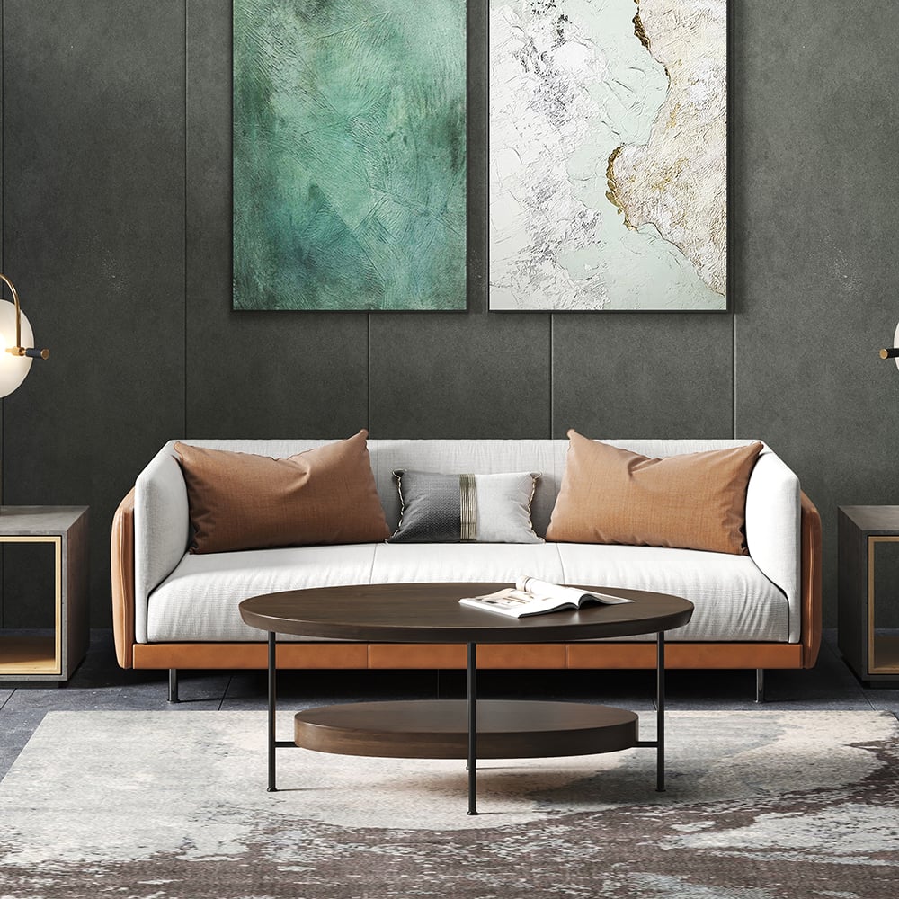 Table basse ovale moderne en noyer 1000 mm avec étagère de rangement en bois et métal image de fenêtre