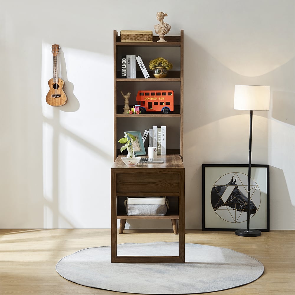 Bureau de bureau réversible en forme de L en noyer moderne 1350 mm avec étagères et 1 tiroir image de fenêtre