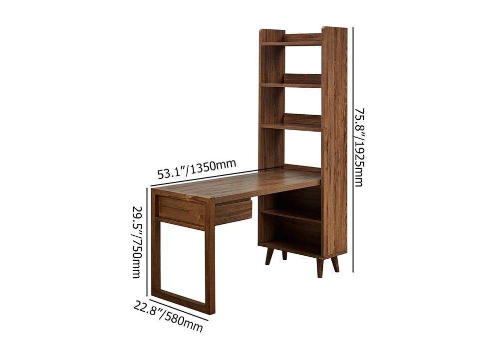 Bureau de bureau réversible en forme de L en noyer moderne 1350 mm avec étagères et 1 tiroir Poids, dimensions, image