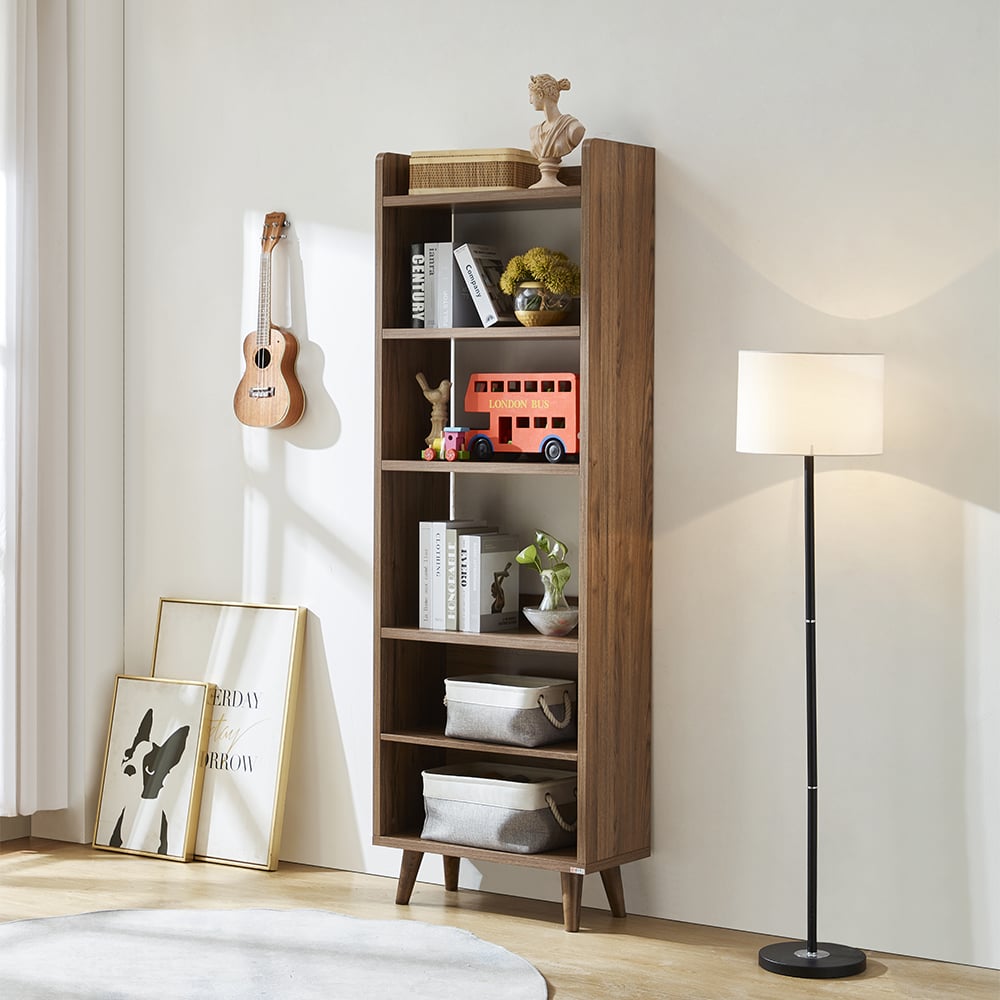 Bureau de bureau réversible en forme de L en noyer moderne 1350 mm avec étagères et 1 tiroir image de fenêtre