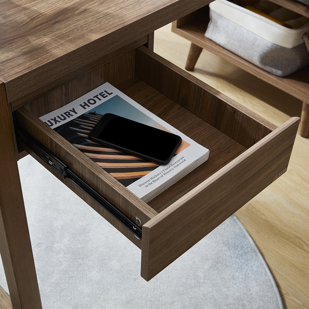 Bureau de bureau réversible en forme de L en noyer moderne 1350 mm avec étagères et 1 tiroir image de fenêtre