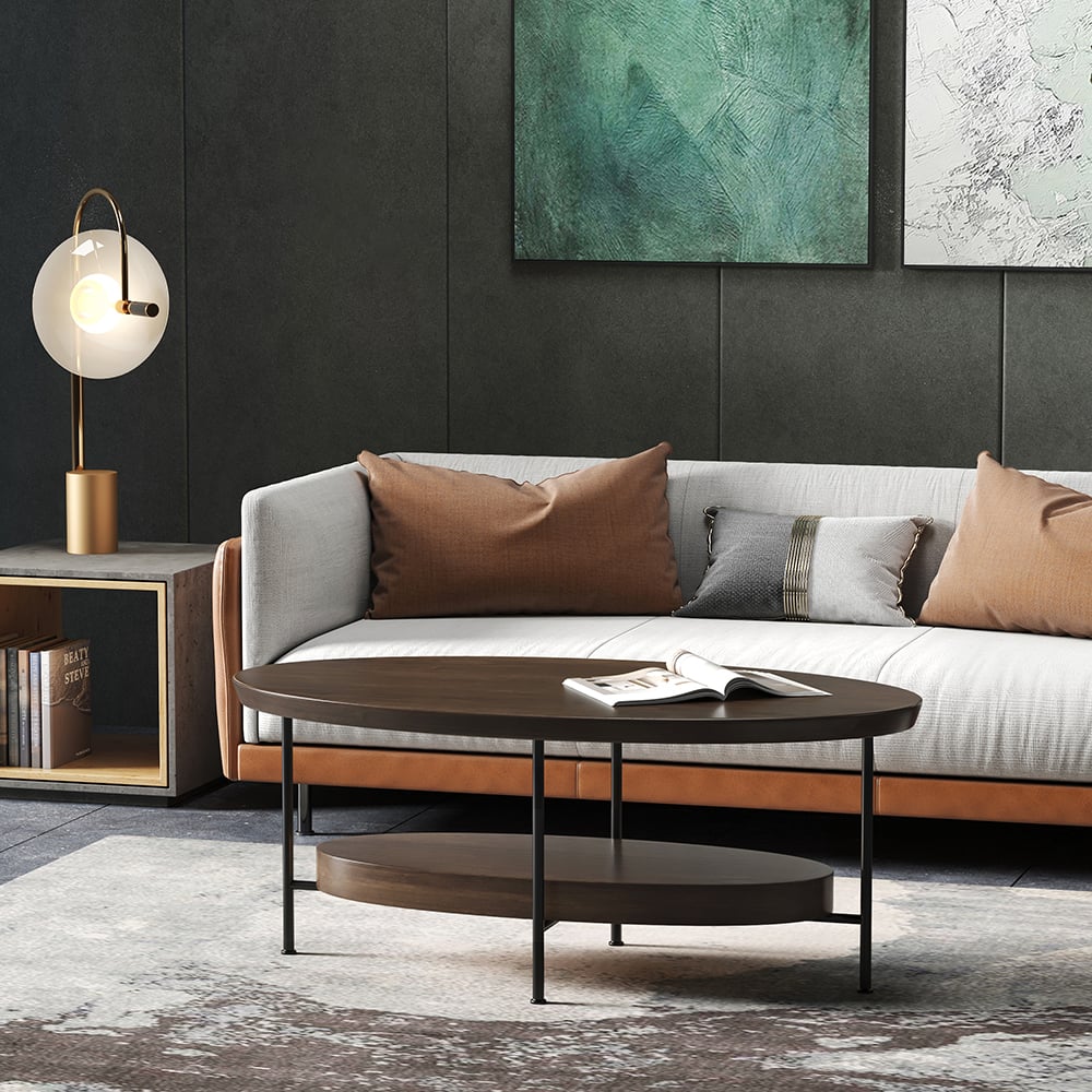 Table basse ovale moderne en noyer 1000 mm avec étagère de rangement en bois et métal image de fenêtre