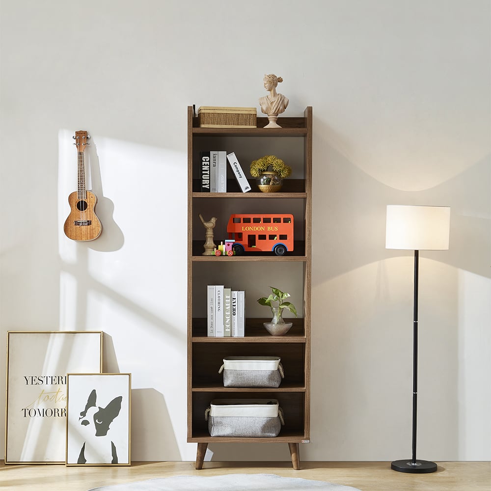 Bureau de bureau réversible en forme de L en noyer moderne 1350 mm avec étagères et 1 tiroir image de fenêtre