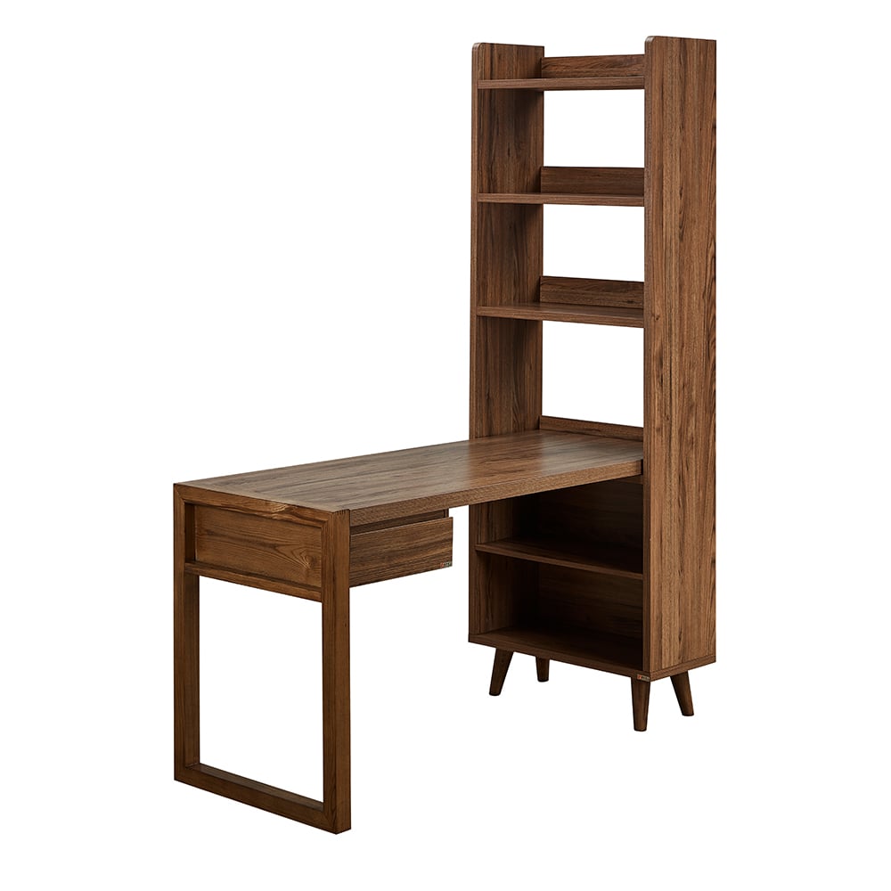 Bureau de bureau réversible en forme de L en noyer moderne 1350 mm avec étagères et 1 tiroir image de fenêtre