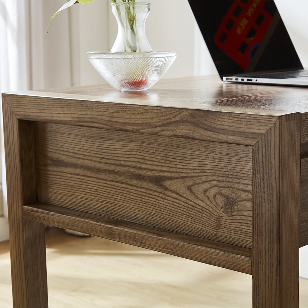 Bureau de bureau réversible en forme de L en noyer moderne 1350 mm avec étagères et 1 tiroir image de fenêtre