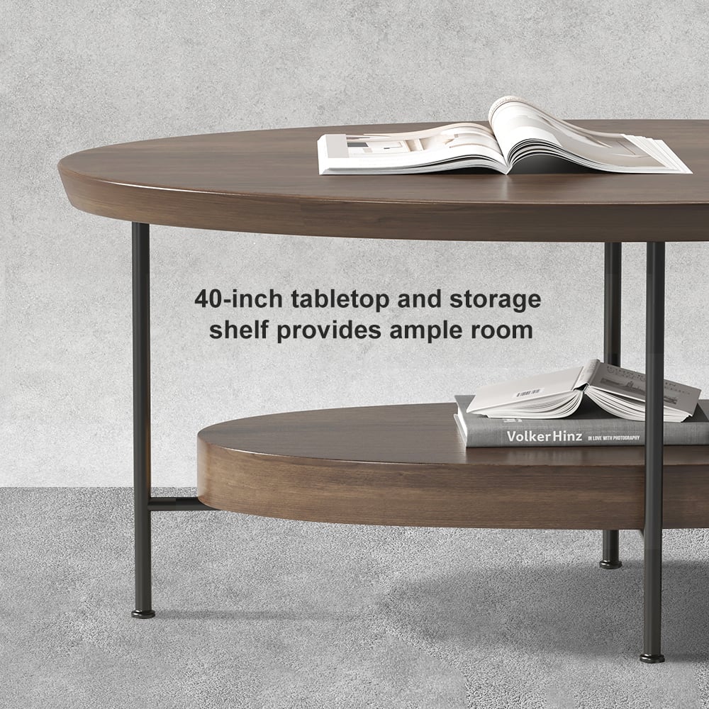 Table basse ovale moderne en noyer 1000 mm avec étagère de rangement en bois et métal image de fenêtre